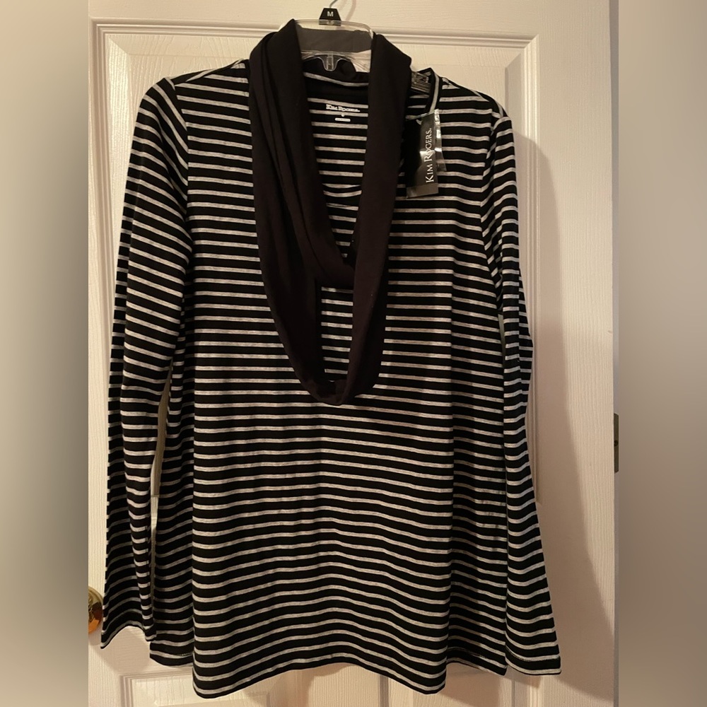 Ladies small cowl tunic black striped top. New with tags. Kim Rogers.